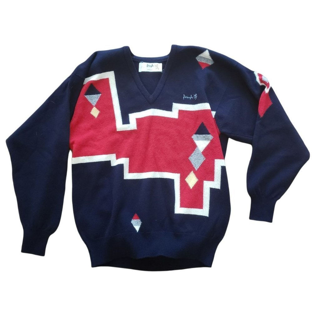 Pringle V-Neck Sweater in Navy and Red